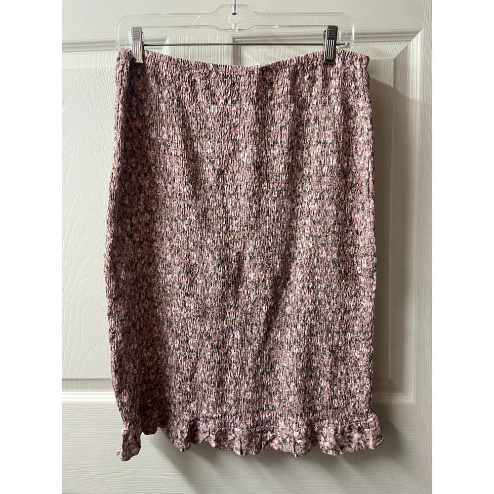 Mimi Chia Smocked Skirt Womens XL Pink Floral Pull On Knee Length Ruffle